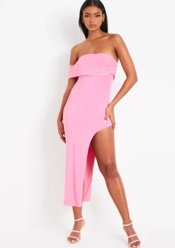 Best Milana Pink Bardot One Shoulder Midi Dress With Slit Women Dresses