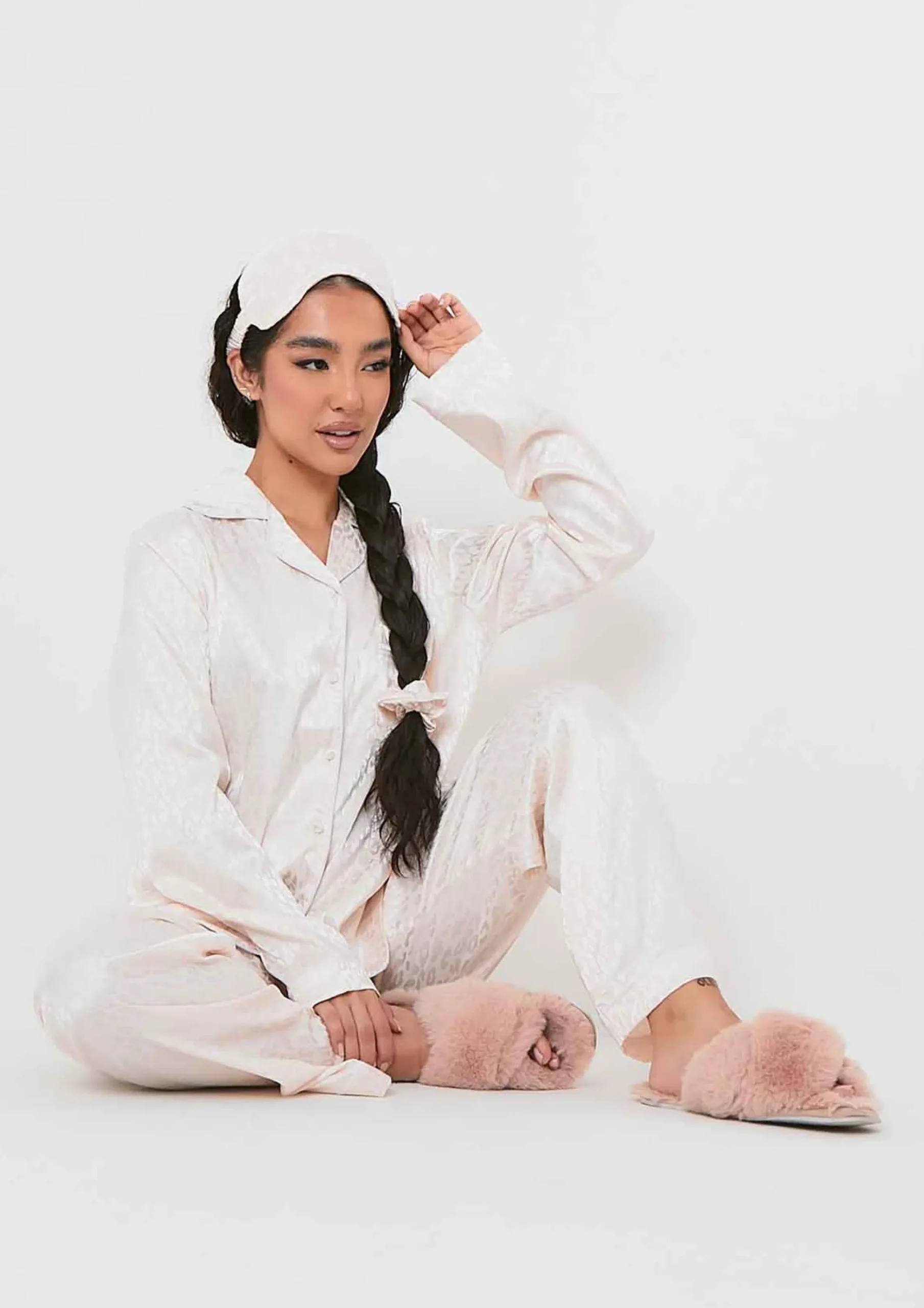Online Mimi Cream Leopard Jacquard Print 4 Piece Printed Pyjama Set Women Nightwear