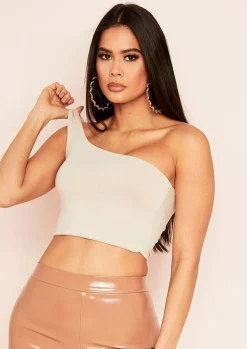 Clearance Mira Beige Basic One Shoulder Crop Top Women Basics