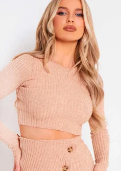 Mira Beige Rib Knit Long Sleeve Crop Top^Missy Empire Cheap
