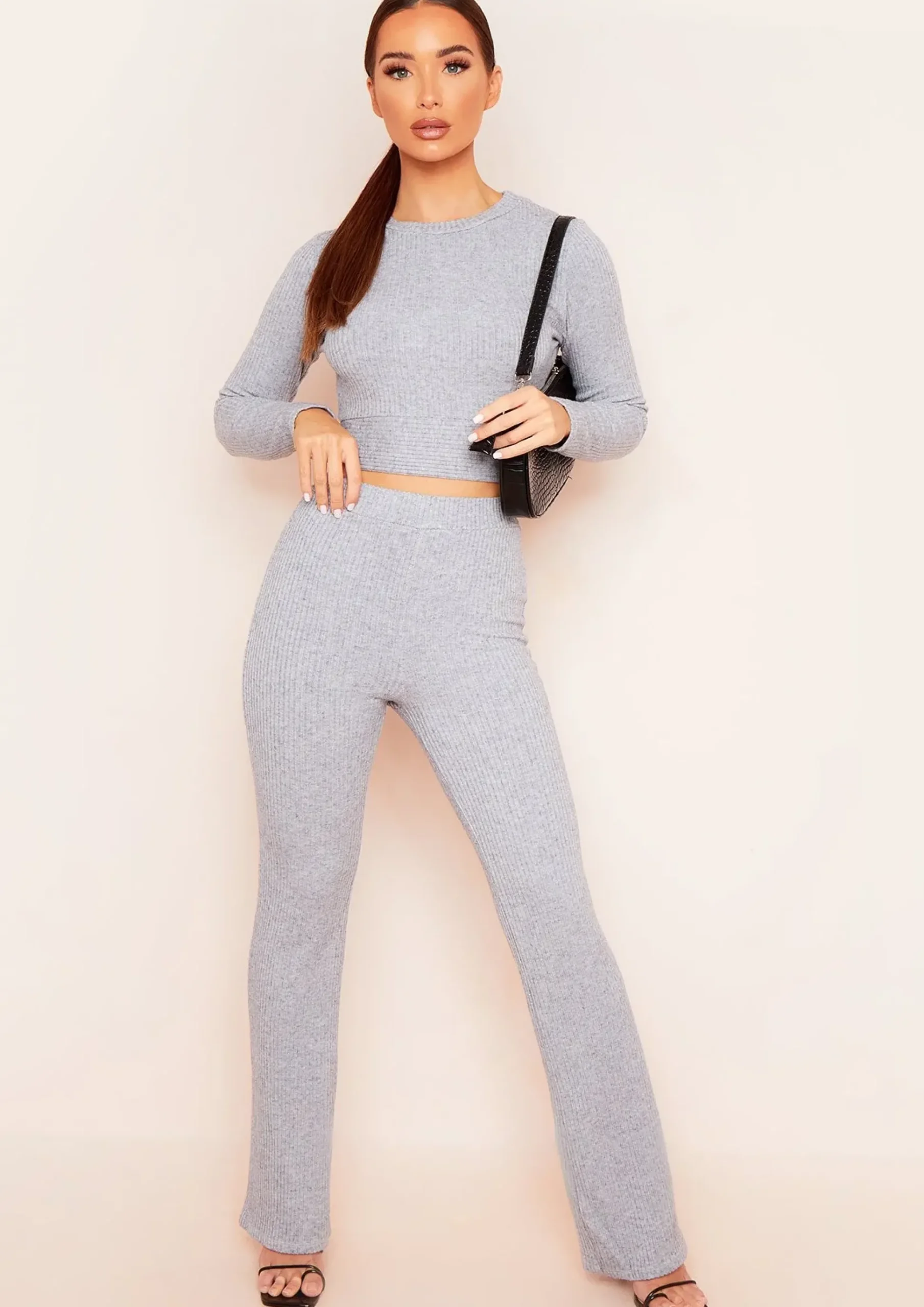 Flash Sale Miranda Light Grey Flare Brushed Ribbed Trousers Women Trousers