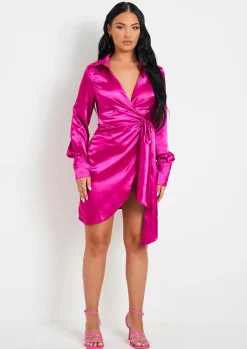 Store Mira Pink Satin Tie Waist Wrap Plunge Mini Dress Women Dresses