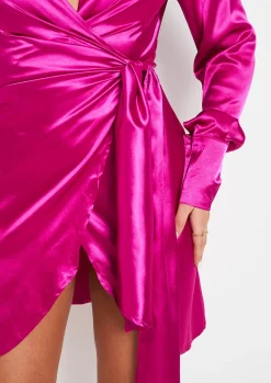 Store Mira Pink Satin Tie Waist Wrap Plunge Mini Dress Women Dresses