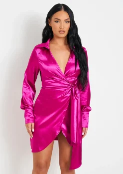 Store Mira Pink Satin Tie Waist Wrap Plunge Mini Dress Women Dresses