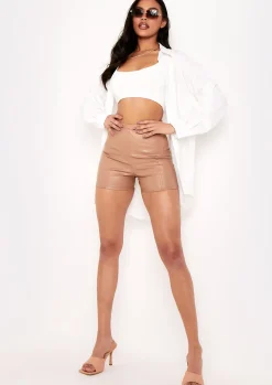 Cheap Montana Beige Pu Leather Cycle Shorts Women Shorts