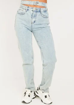 Mya Mid Wash Denim Double Waistband Straight Leg Jeans^Missy Empire Cheap