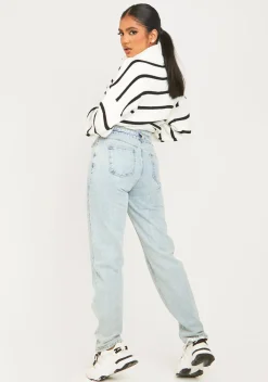 Mya Mid Wash Denim Double Waistband Straight Leg Jeans^Missy Empire Cheap