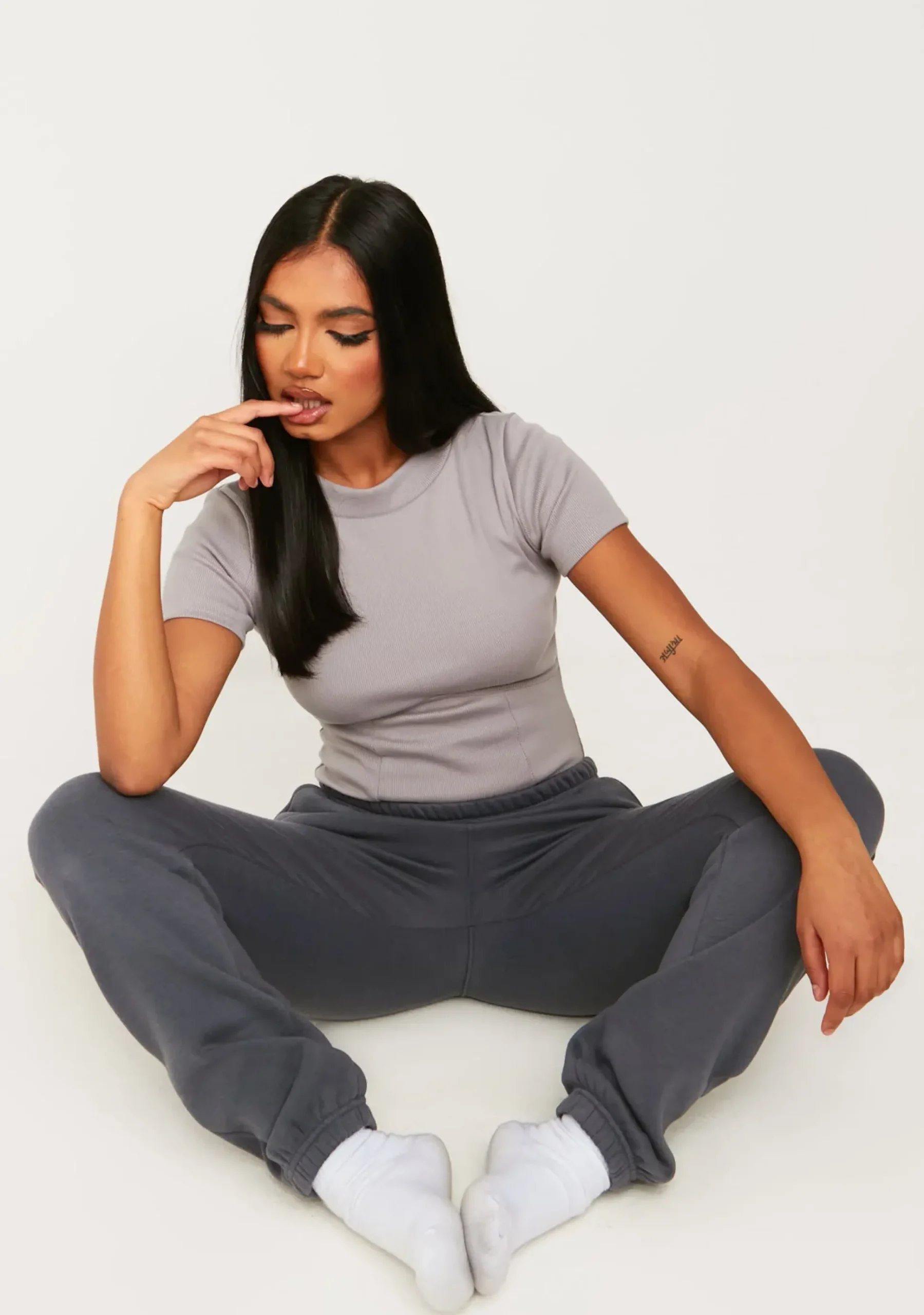 Naiya Grey Ribbed Structured Bodysuit^Missy Empire New