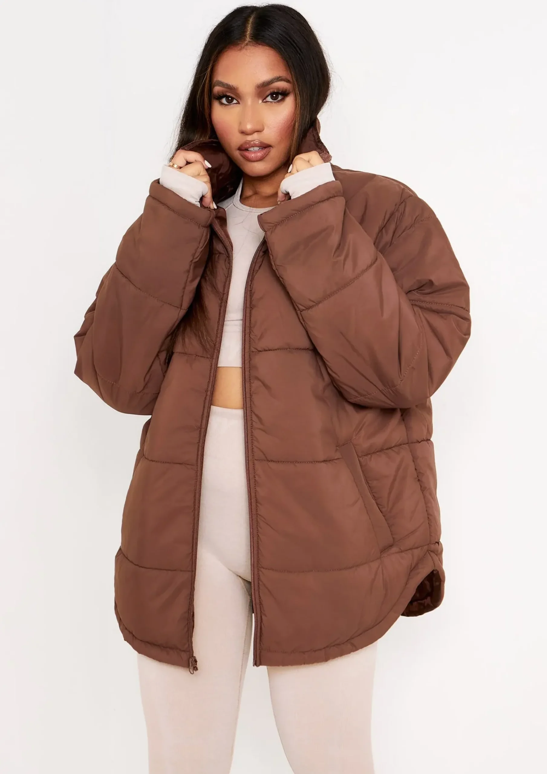 Nalia Chocolate Oversized Puffa Coat^Missy Empire Shop