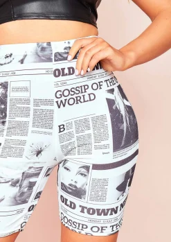 Hot Natalie White Newspaper Print Cycle Shorts Women Shorts