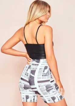 Hot Natalie White Newspaper Print Cycle Shorts Women Shorts