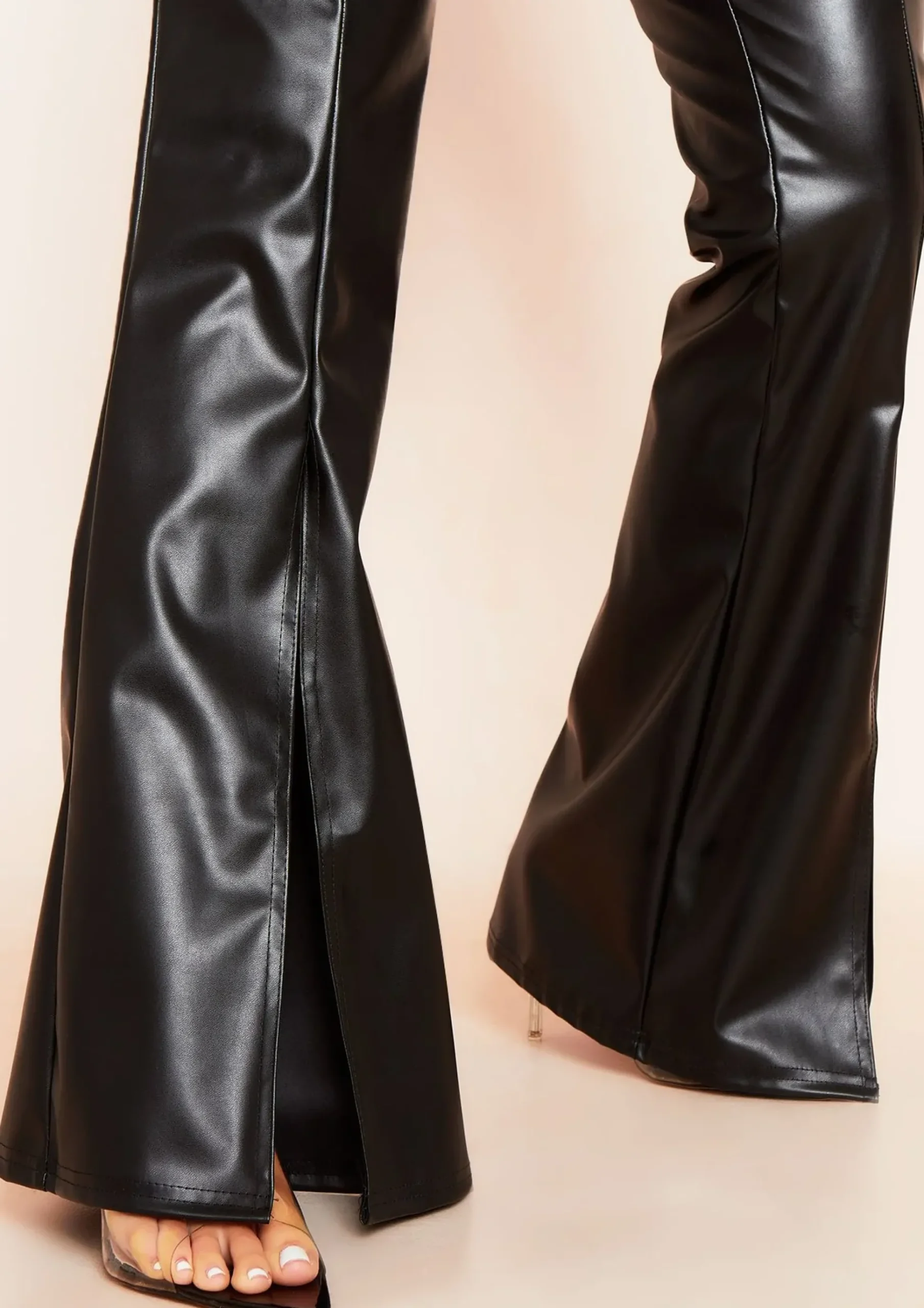 Store Natasha Black Vegan Leather Split Front Flared Trousers Women Trousers