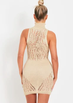 Hot Naya Beige Cut Out Laddered Mini Dress Women Dresses