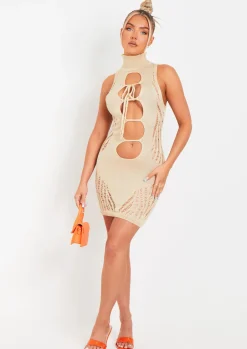 Hot Naya Beige Cut Out Laddered Mini Dress Women Dresses