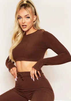 Nayla Chocolate Ribbed Crew Neck Long Sleeve Crop Top^Missy Empire Shop