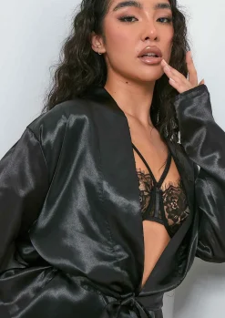 Hot Neelam Black Satin Tie Waist Dressing Gown Women Nightwear