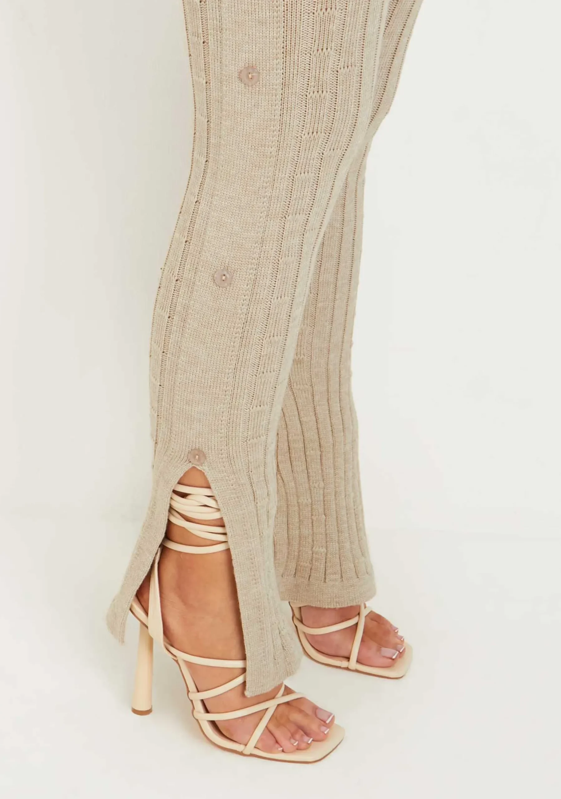 Hot Nelly Oatmeal Rib Knit Button Up Pants Women Leggings