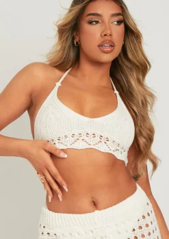 Nelly Ivory Crochet Halter Neck Top^Missy Empire Store