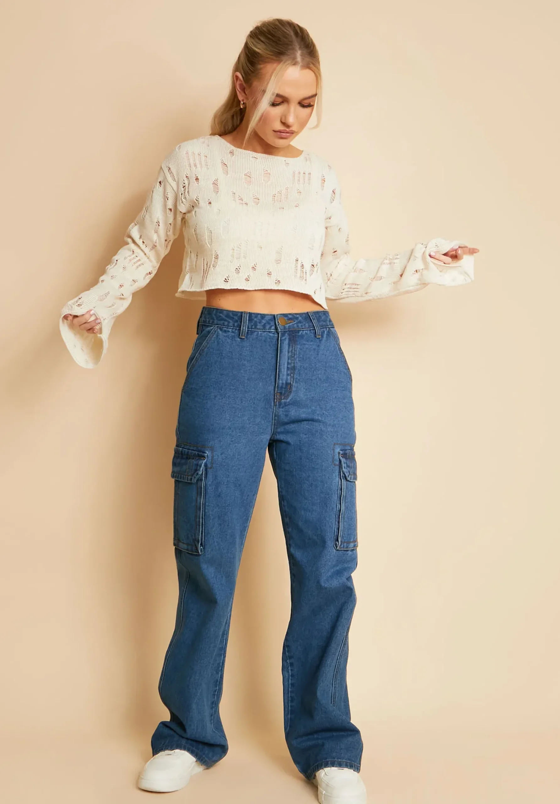 Nessa Mid Wash Denim Cargo Straight Leg Jeans^Missy Empire Clearance