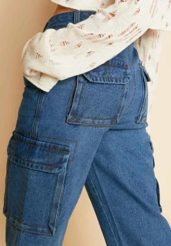 Nessa Mid Wash Denim Cargo Straight Leg Jeans^Missy Empire Clearance