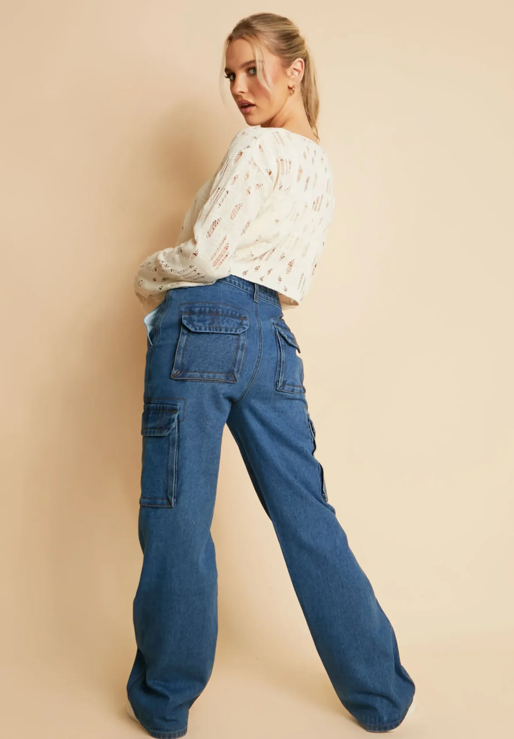 Nessa Mid Wash Denim Cargo Straight Leg Jeans^Missy Empire Clearance