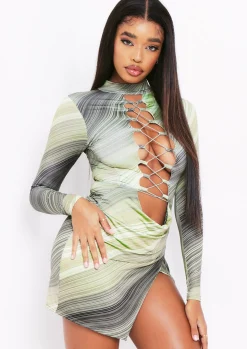 Outlet Nova Green Print Lace Up Mini Dress Women Dresses