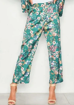 Store Nova Green Satin Floral Trousers Women Trousers