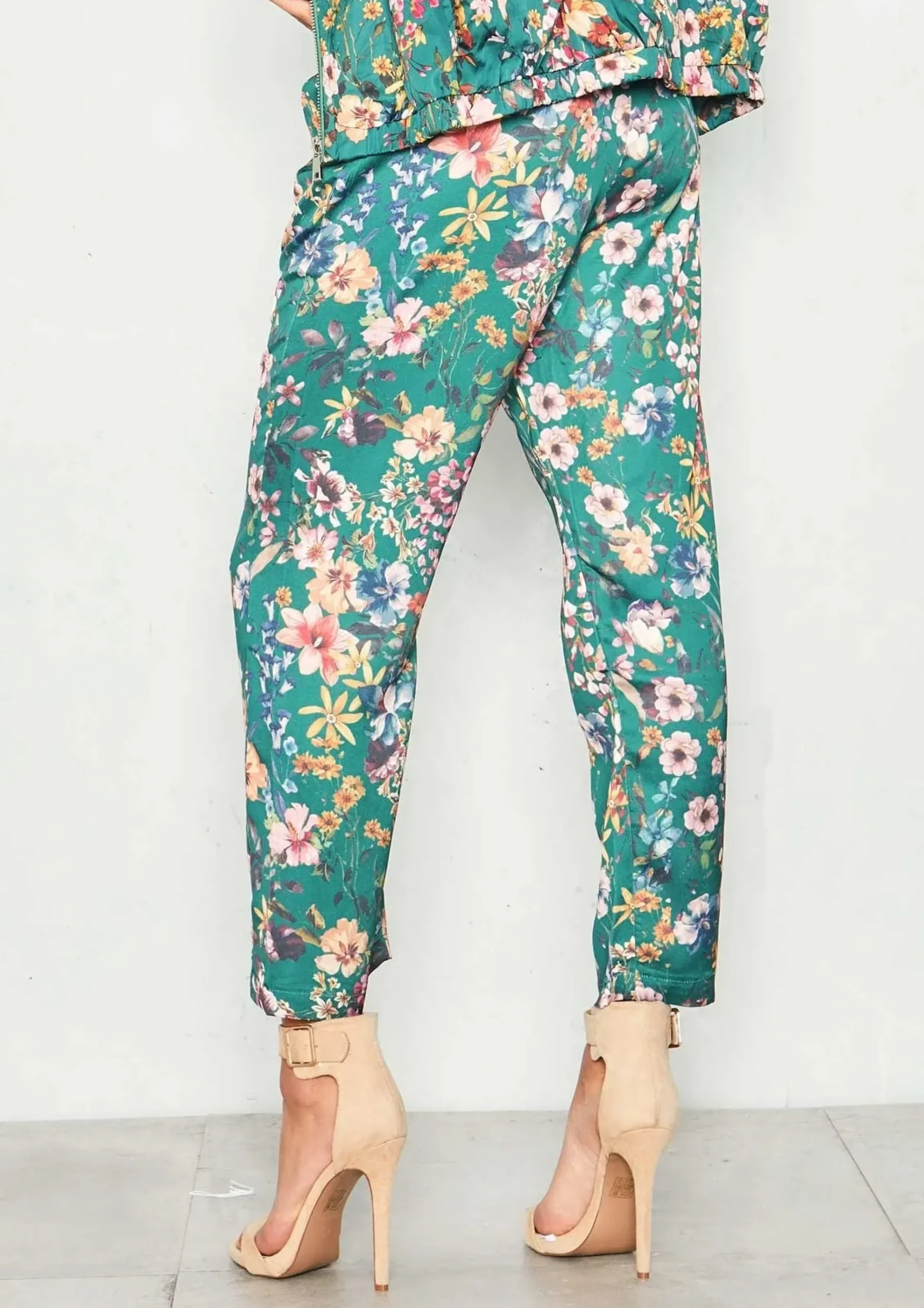 Store Nova Green Satin Floral Trousers Women Trousers