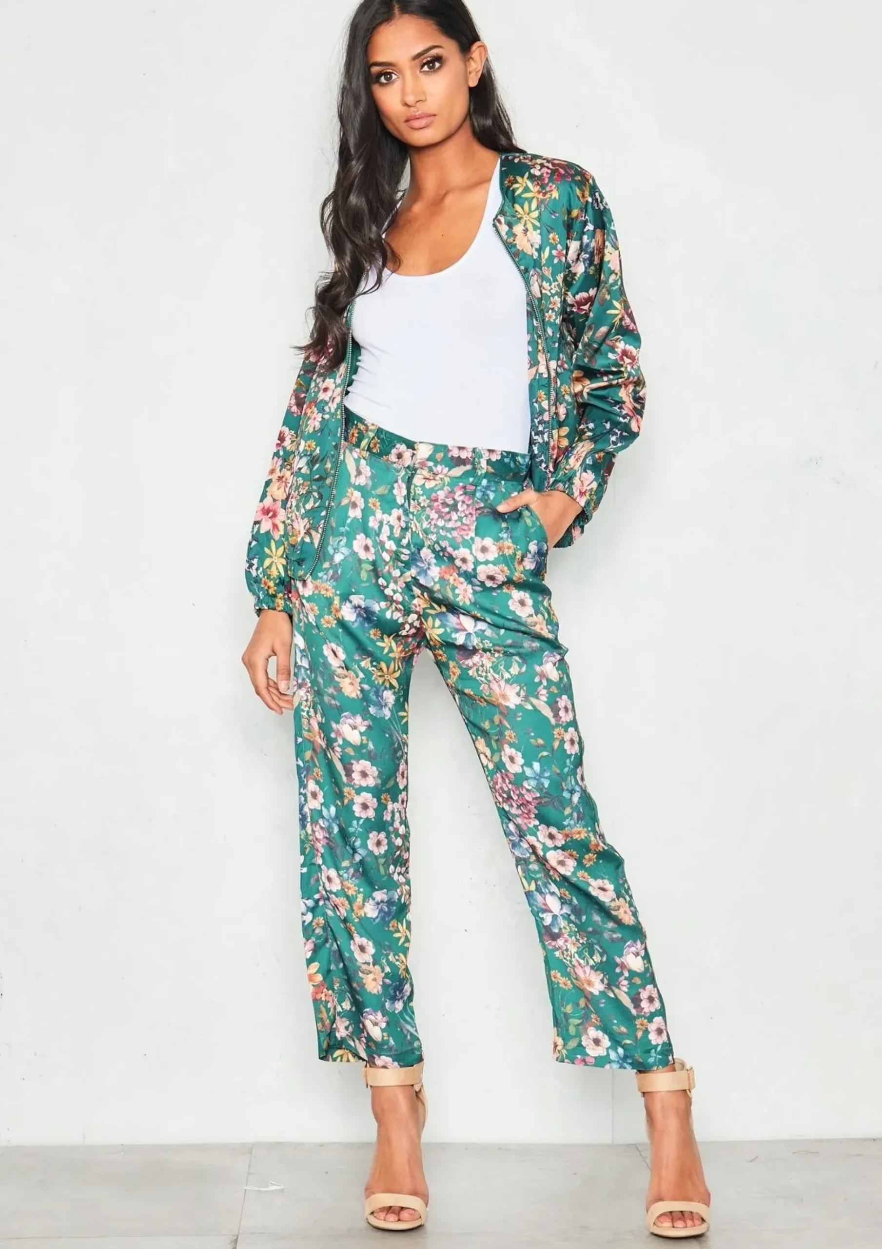 Store Nova Green Satin Floral Trousers Women Trousers