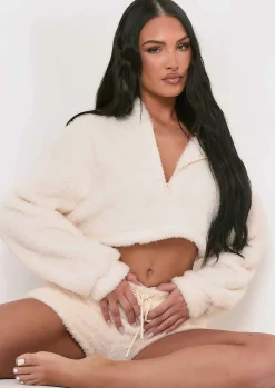 Store Olivia Cream Fluffy Teddy Borg Cropped Zip Up Hoodie Women Nightwear