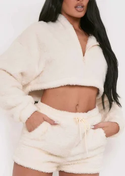 Store Olivia Cream Fluffy Teddy Borg Cropped Zip Up Hoodie Women Nightwear