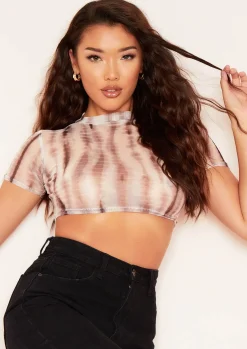 Olivia Brown Tye Dye Print Highneck Mesh Crop Top^Missy Empire Fashion