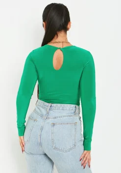 Olivia Green Double Layer Slinky Cut Out Long Sleeve Bodysuit^Missy Empire Cheap