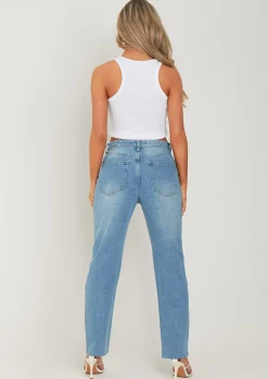 Olivia Mid Wash Blue Raw Hem Denim Mom Jeans^Missy Empire Clearance