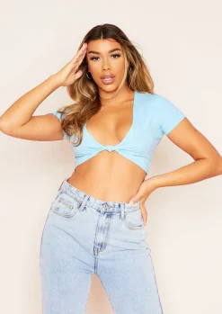 Paris Pastel Blue Ribbed Knot Front Cap Sleeve Crop Top^Missy Empire Cheap