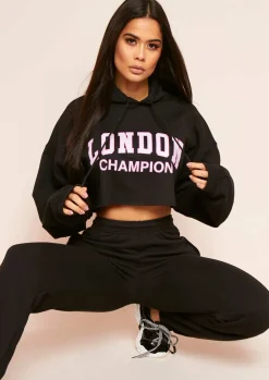 New Parker Black Slogan Oversized Cropped Hoodie Women Loungewear