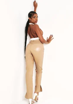 Store Perrie Mocha Faux Leather Straight Leg Split Detail Trousers Women Trousers