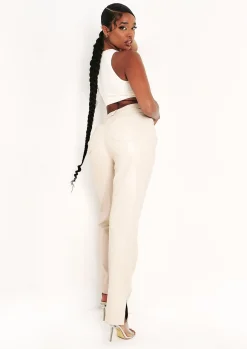 Flash Sale Perrie Stone Faux Leather Straight Leg Split Detail Trousers Women Trousers