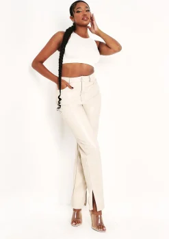 Flash Sale Perrie Stone Faux Leather Straight Leg Split Detail Trousers Women Trousers