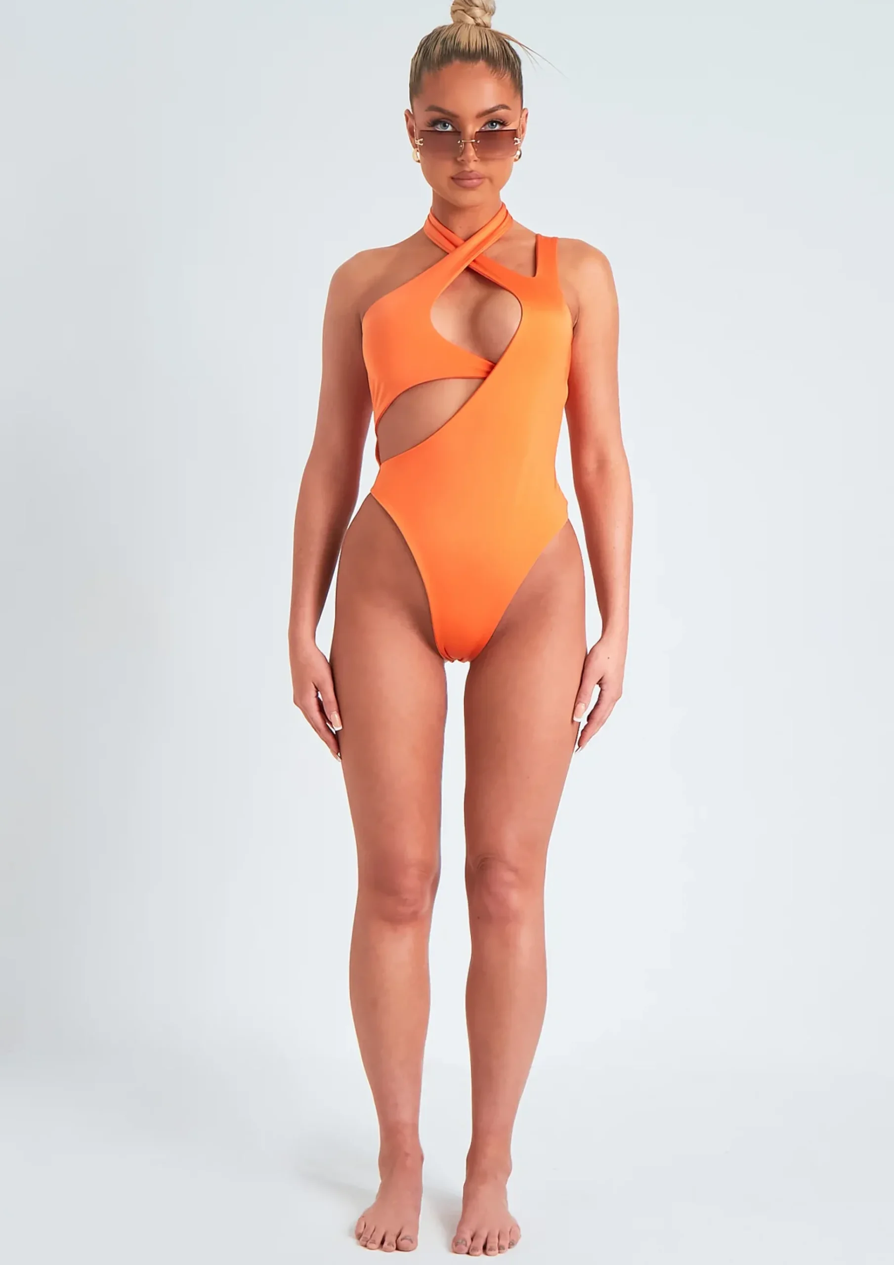 Petra Orange Halter Neck Cut Out Swimsuit^Missy Empire Sale