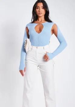 Phoebe Blue Cut Out Detail Knitted Bodysuit^Missy Empire Flash Sale