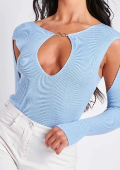 Phoebe Blue Cut Out Detail Knitted Bodysuit^Missy Empire Flash Sale