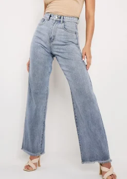 Phoebe Denim Light Wash Frayed Raw Hem Jeans^Missy Empire Store