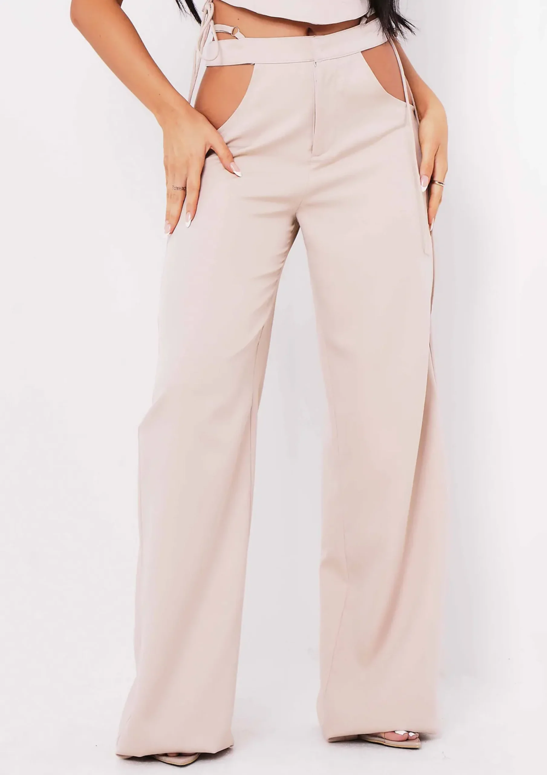 Best Sale Polly Sand Cut Out Side Wide Leg Trousers Women Trousers