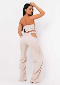 Best Sale Polly Sand Cut Out Side Wide Leg Trousers Women Trousers
