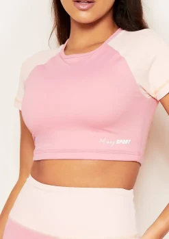 Fashion Poppy Pink Missy Sport Colour Block Cropped Gym T-Shirt Women Activewear