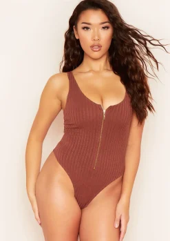 Psalm Brown Plunge Zip Ribbed Bodysuit^Missy Empire Sale
