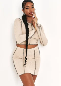 Rae Stone Contrast Stitch Slit Sleeve Ribbed Crop Top^Missy Empire Shop