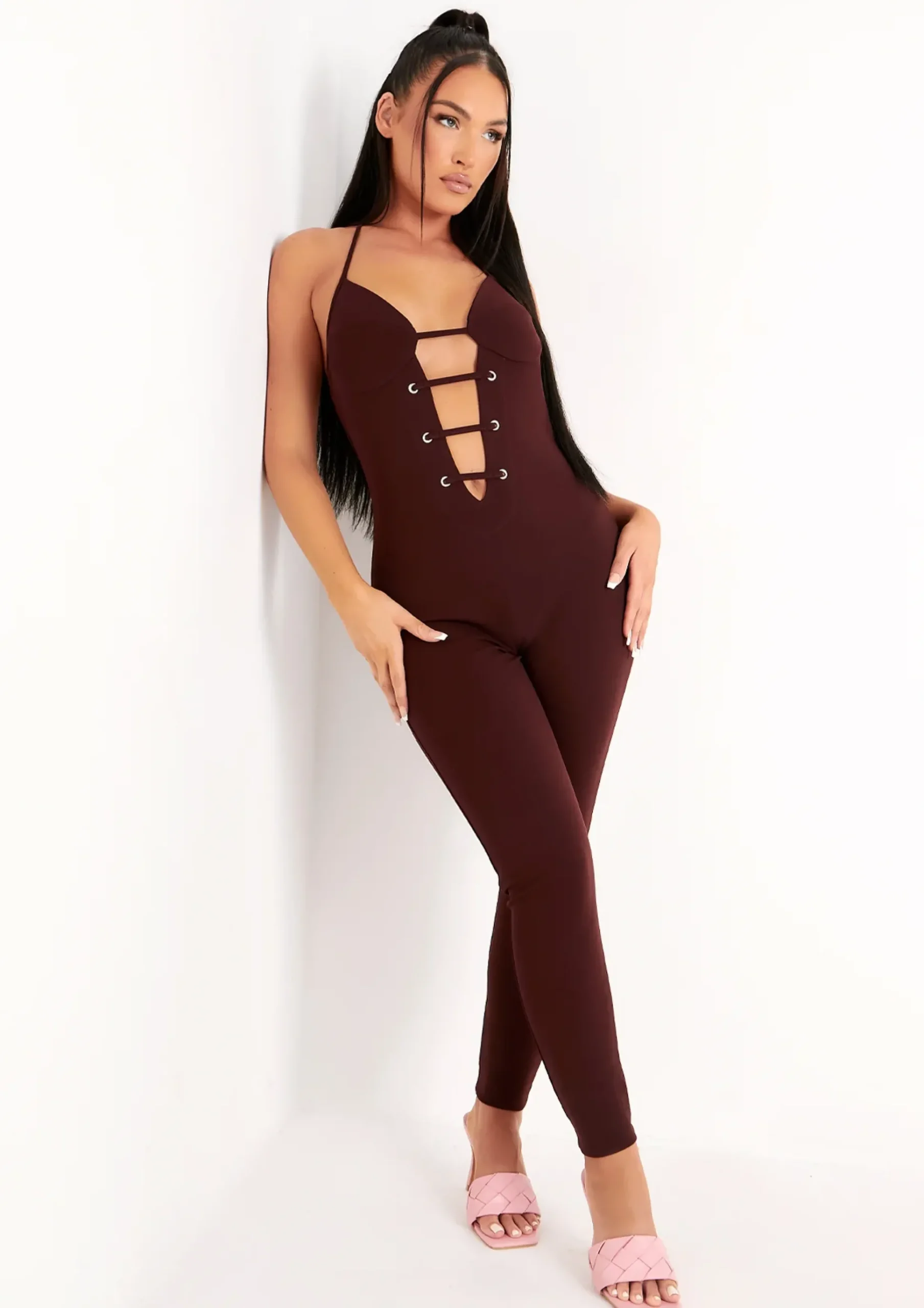 Best Sale Reese Chocolate Plunge Detail Halterneck Jumpsuit Women Jumpsuits & Playsuits