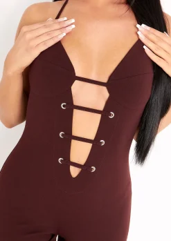 Best Sale Reese Chocolate Plunge Detail Halterneck Jumpsuit Women Jumpsuits & Playsuits
